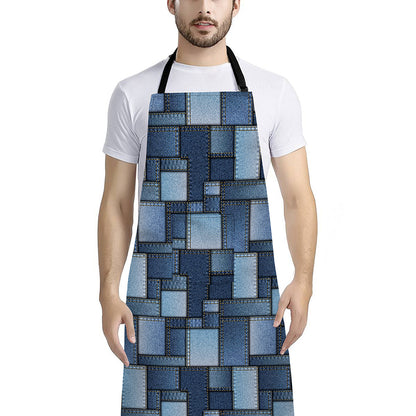 Blue Denim Patchwork Pattern Print Bib Apron With Pocket