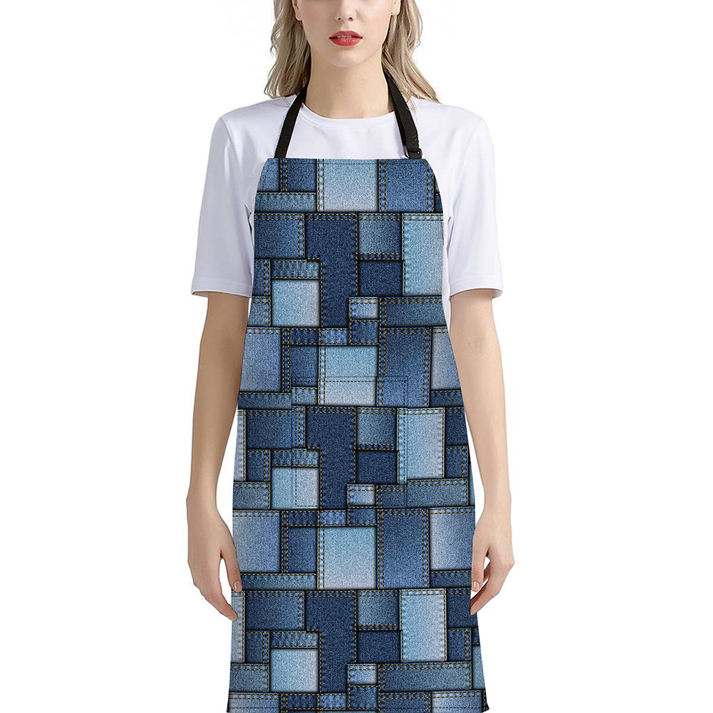 Blue Denim Patchwork Pattern Print Bib Apron With Pocket