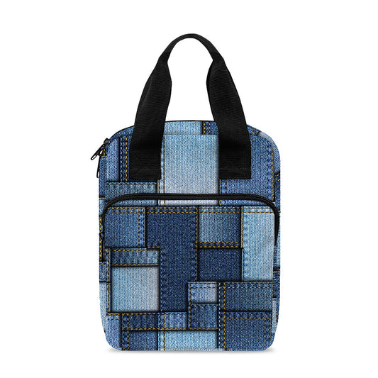 Blue Denim Patchwork Pattern Print Bible Tote Bag