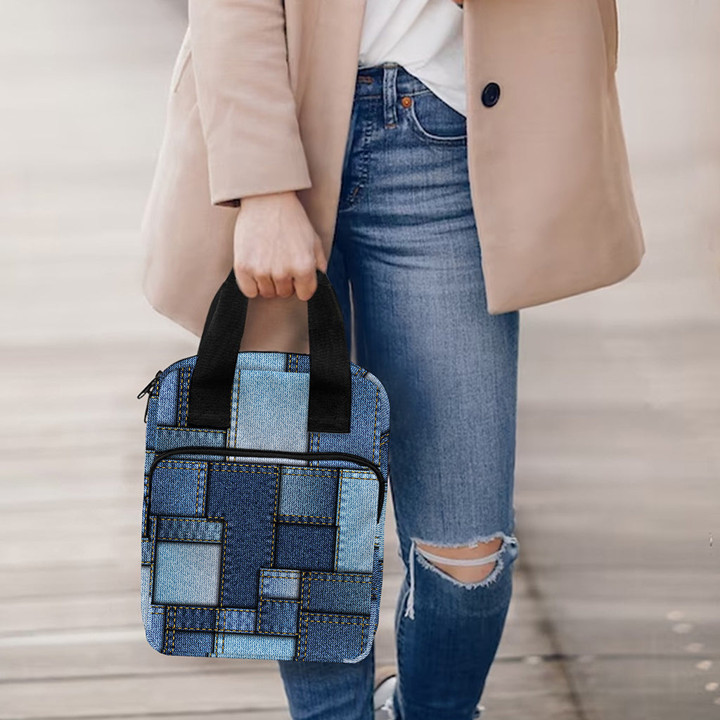 Blue Denim Patchwork Pattern Print Bible Tote Bag