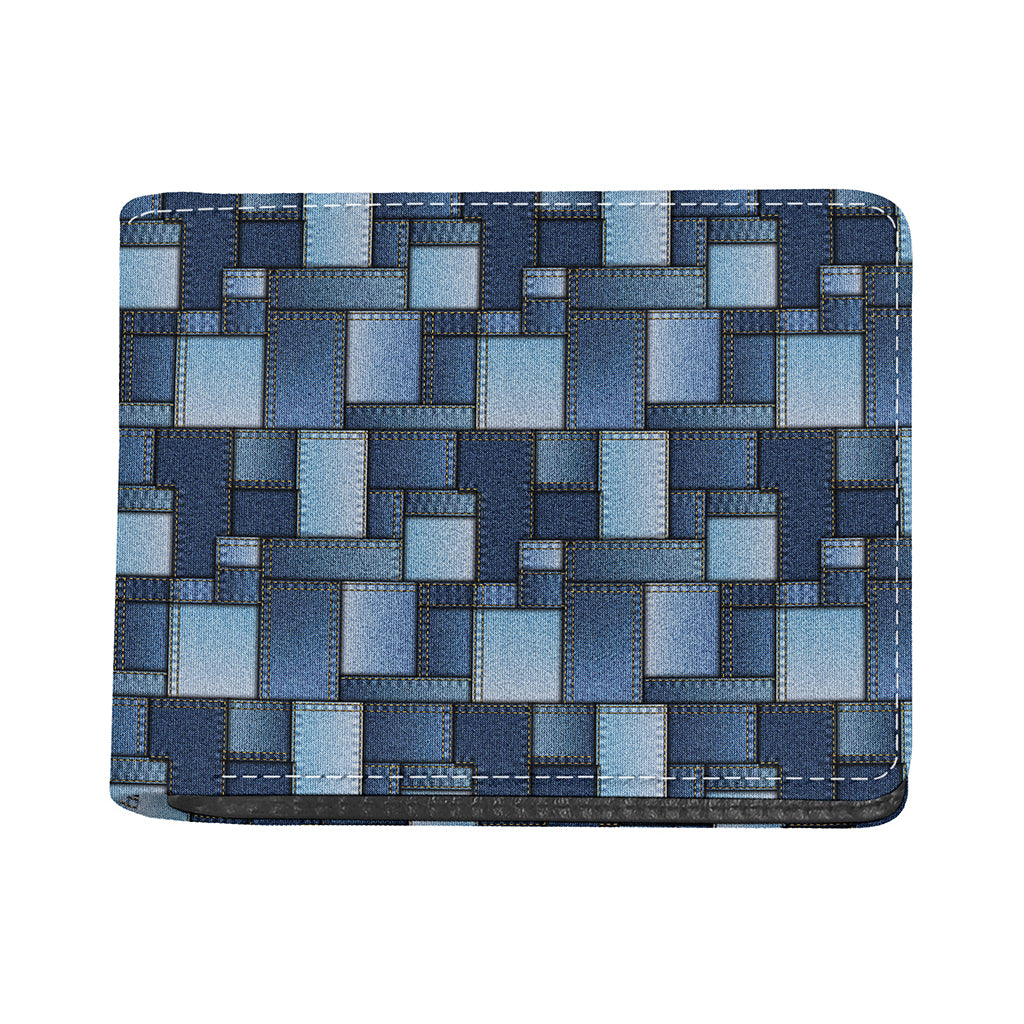 Blue Denim Patchwork Pattern Print Bifold Wallet