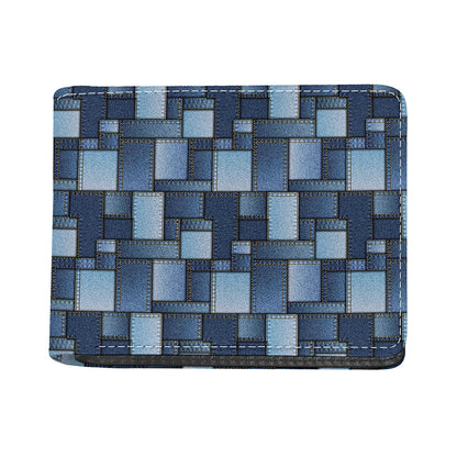 Blue Denim Patchwork Pattern Print Bifold Wallet