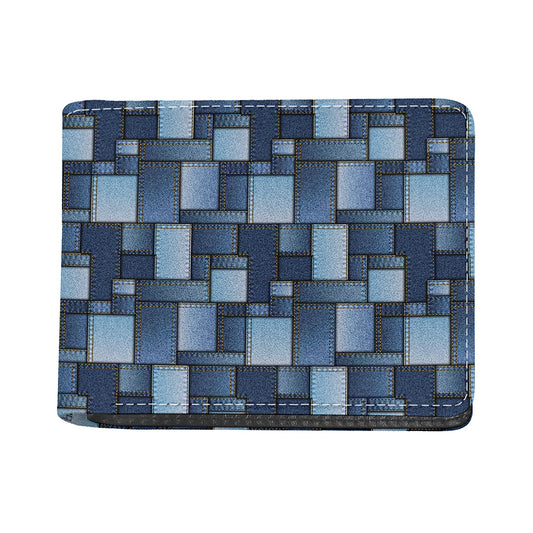 Blue Denim Patchwork Pattern Print Bifold Wallet
