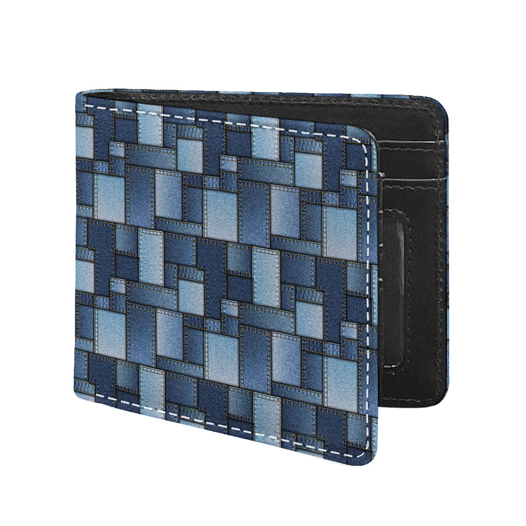 Blue Denim Patchwork Pattern Print Bifold Wallet