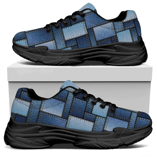 Blue Denim Patchwork Pattern Print Black Chunky Shoes