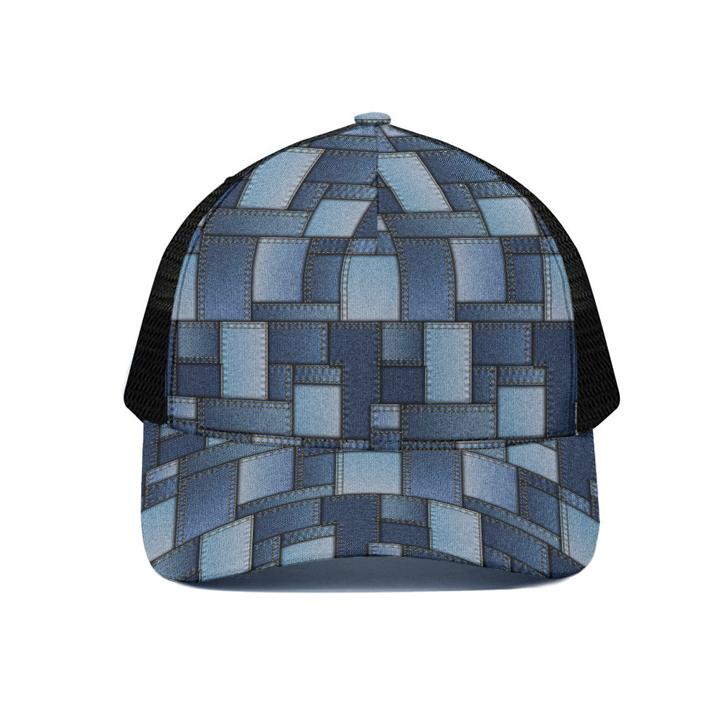 Blue Denim Patchwork Pattern Print Black Mesh Trucker Cap