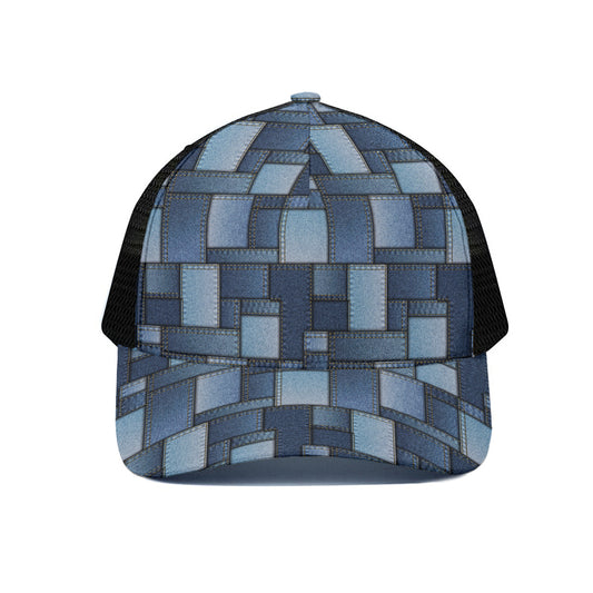 Blue Denim Patchwork Pattern Print Black Mesh Trucker Cap