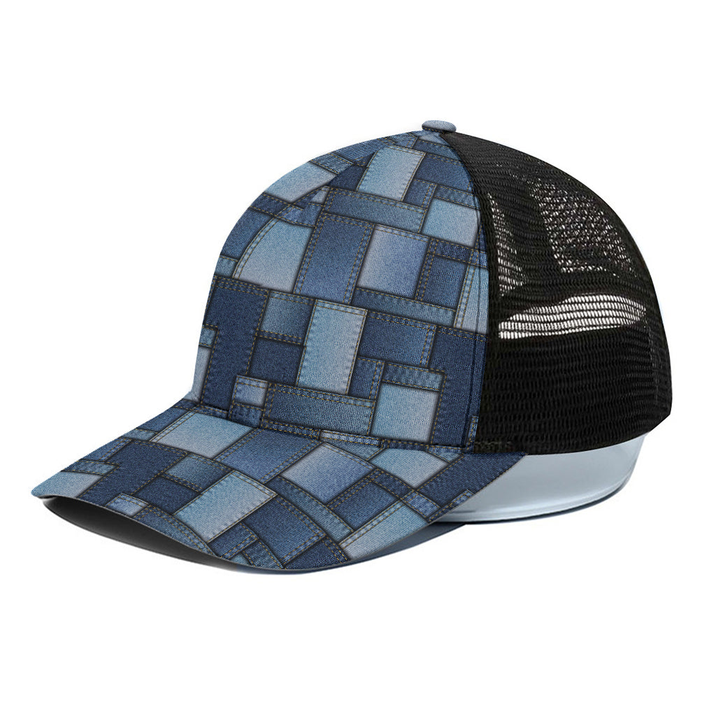 Blue Denim Patchwork Pattern Print Black Mesh Trucker Cap