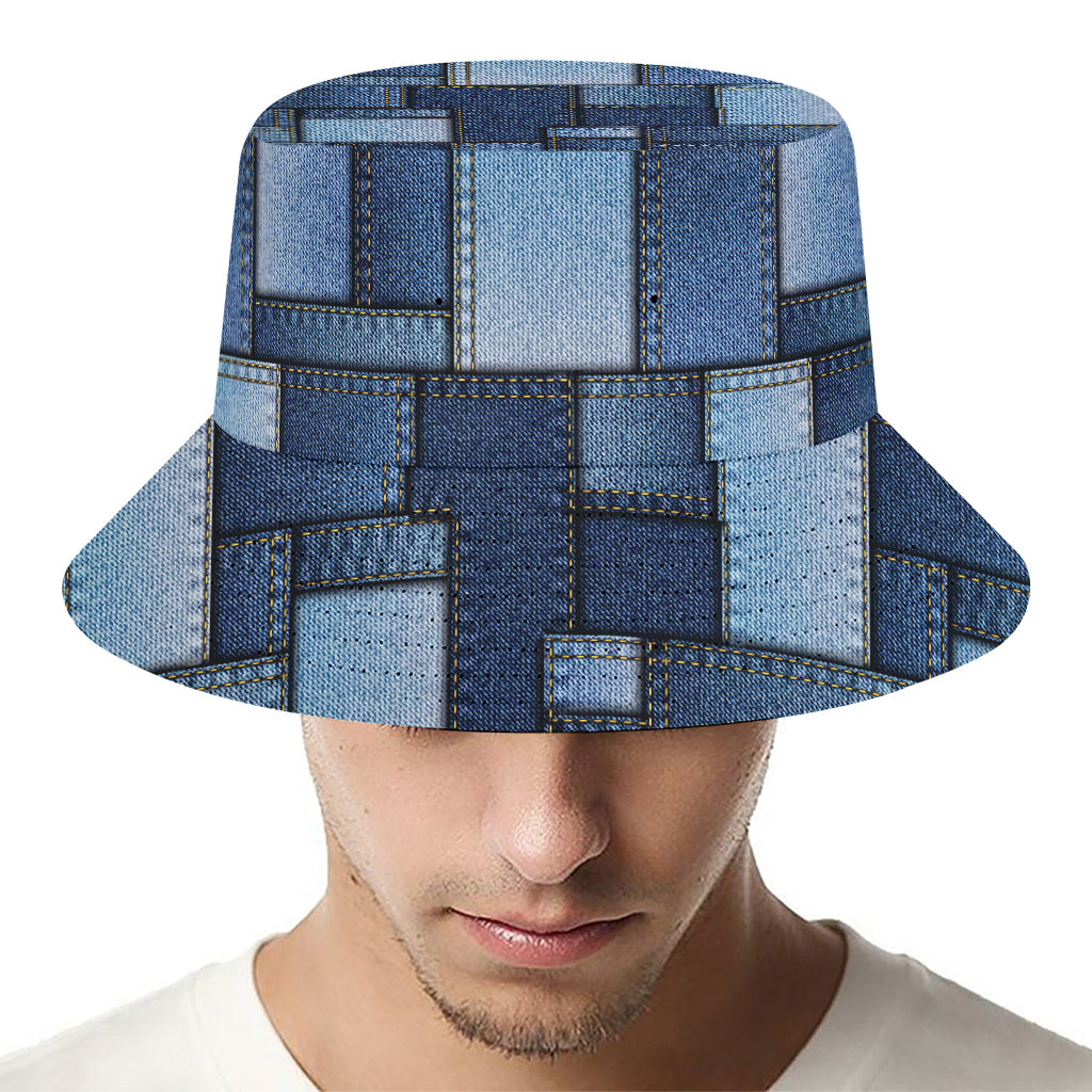 Blue Denim Patchwork Pattern Print Bucket Hat