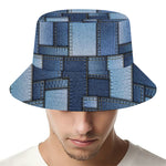Blue Denim Patchwork Pattern Print Bucket Hat