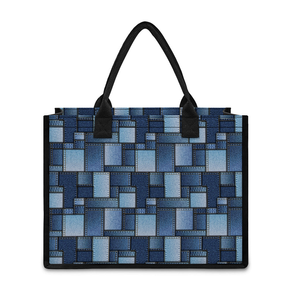 Blue Denim Patchwork Pattern Print Canvas Tote Bag