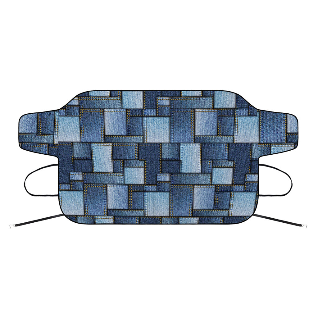 Blue Denim Patchwork Pattern Print Car Windshield Snow Cover