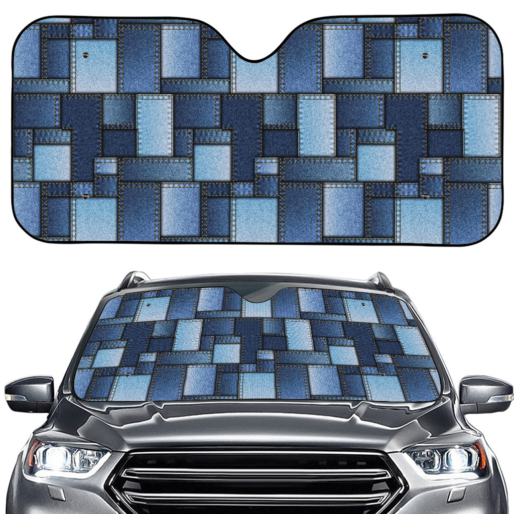 Blue Denim Patchwork Pattern Print Car Windshield Sun Shade