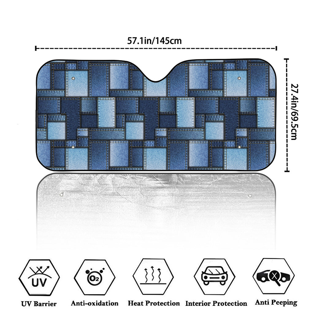 Blue Denim Patchwork Pattern Print Car Windshield Sun Shade