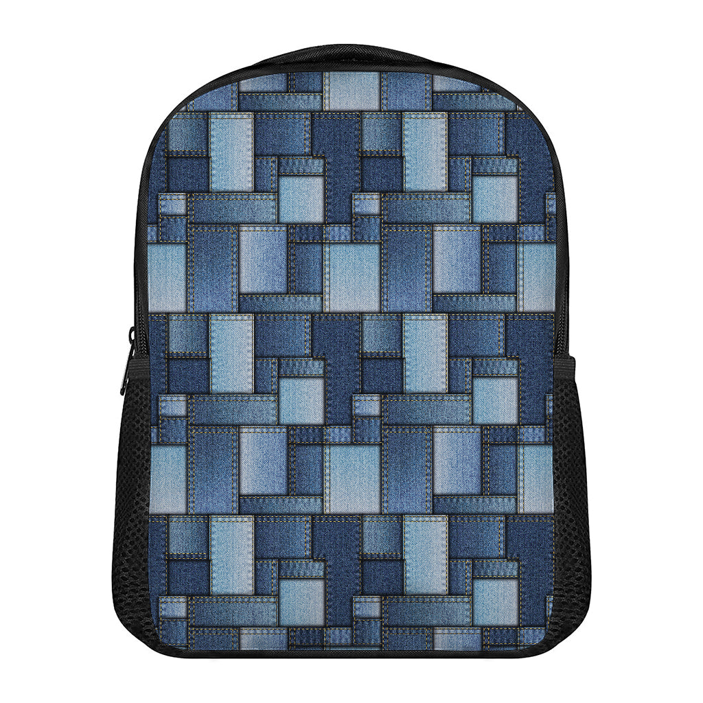 Blue Denim Patchwork Pattern Print Casual Backpack
