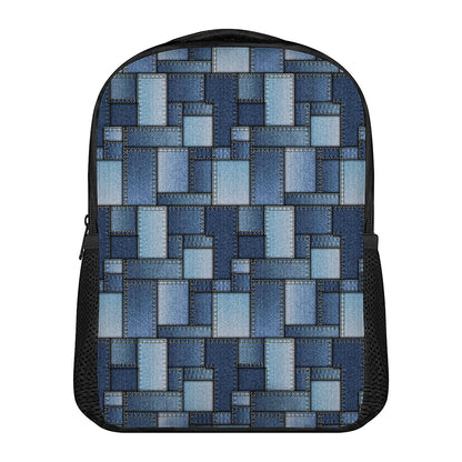 Blue Denim Patchwork Pattern Print Casual Backpack