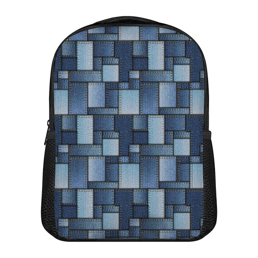 Blue Denim Patchwork Pattern Print Casual Backpack