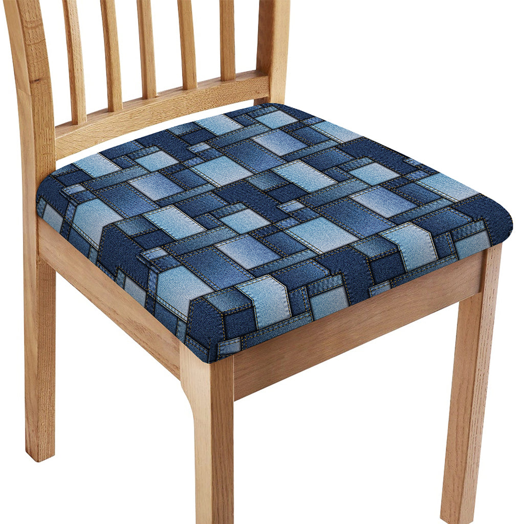 Blue Denim Patchwork Pattern Print Chair Cushion Cover
