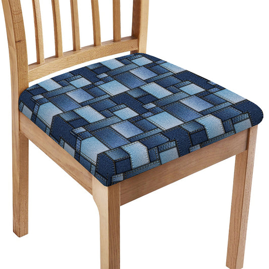 Blue Denim Patchwork Pattern Print Chair Cushion Cover