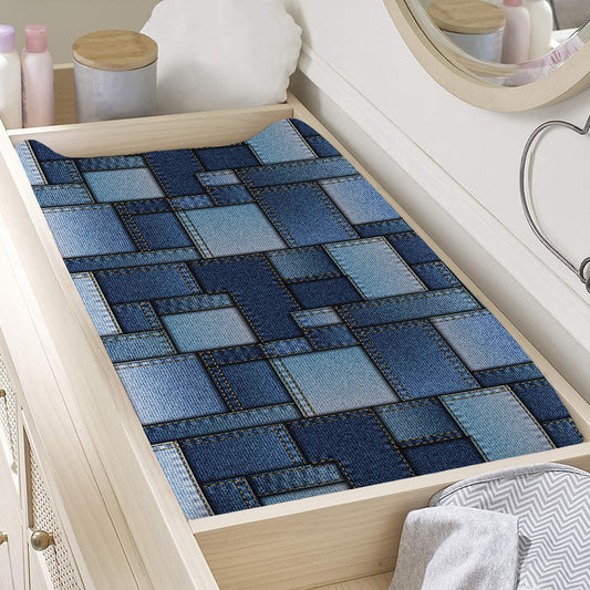 Blue Denim Patchwork Pattern Print Changing Pad Cover