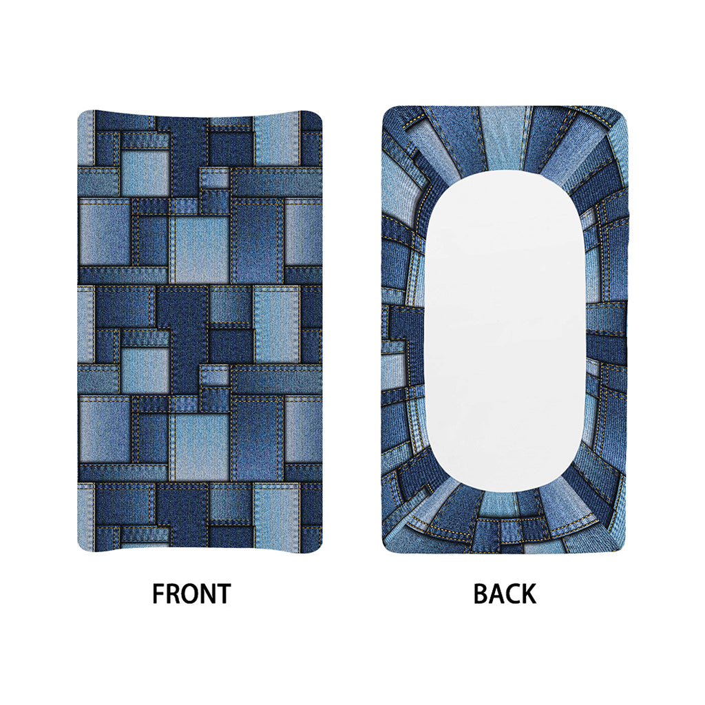 Blue Denim Patchwork Pattern Print Changing Pad Cover
