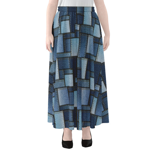 Blue Denim Patchwork Pattern Print Chiffon Maxi Skirt