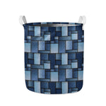 Blue Denim Patchwork Pattern Print Collapsible Laundry Basket
