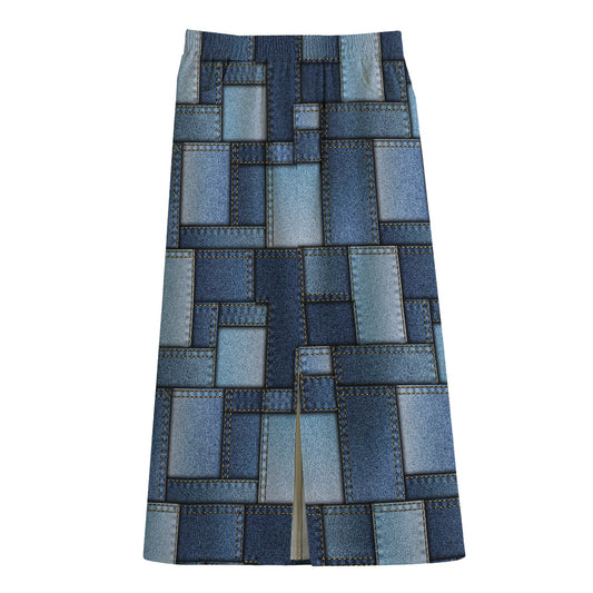 Blue Denim Patchwork Pattern Print Cotton Front Slit Maxi Skirt