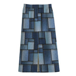 Blue Denim Patchwork Pattern Print Cotton Front Slit Maxi Skirt