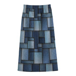 Blue Denim Patchwork Pattern Print Cotton Front Slit Maxi Skirt