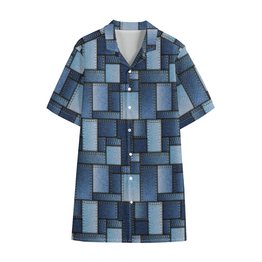 Blue Denim Patchwork Pattern Print Cotton Hawaiian Shirt