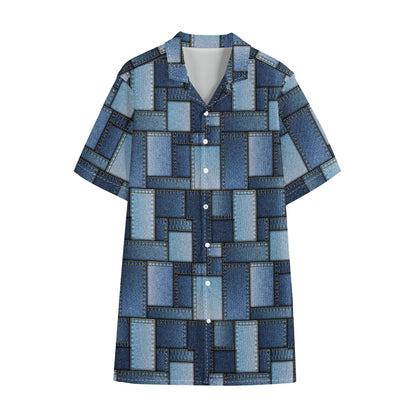 Blue Denim Patchwork Pattern Print Cotton Hawaiian Shirt
