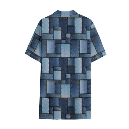 Blue Denim Patchwork Pattern Print Cotton Hawaiian Shirt