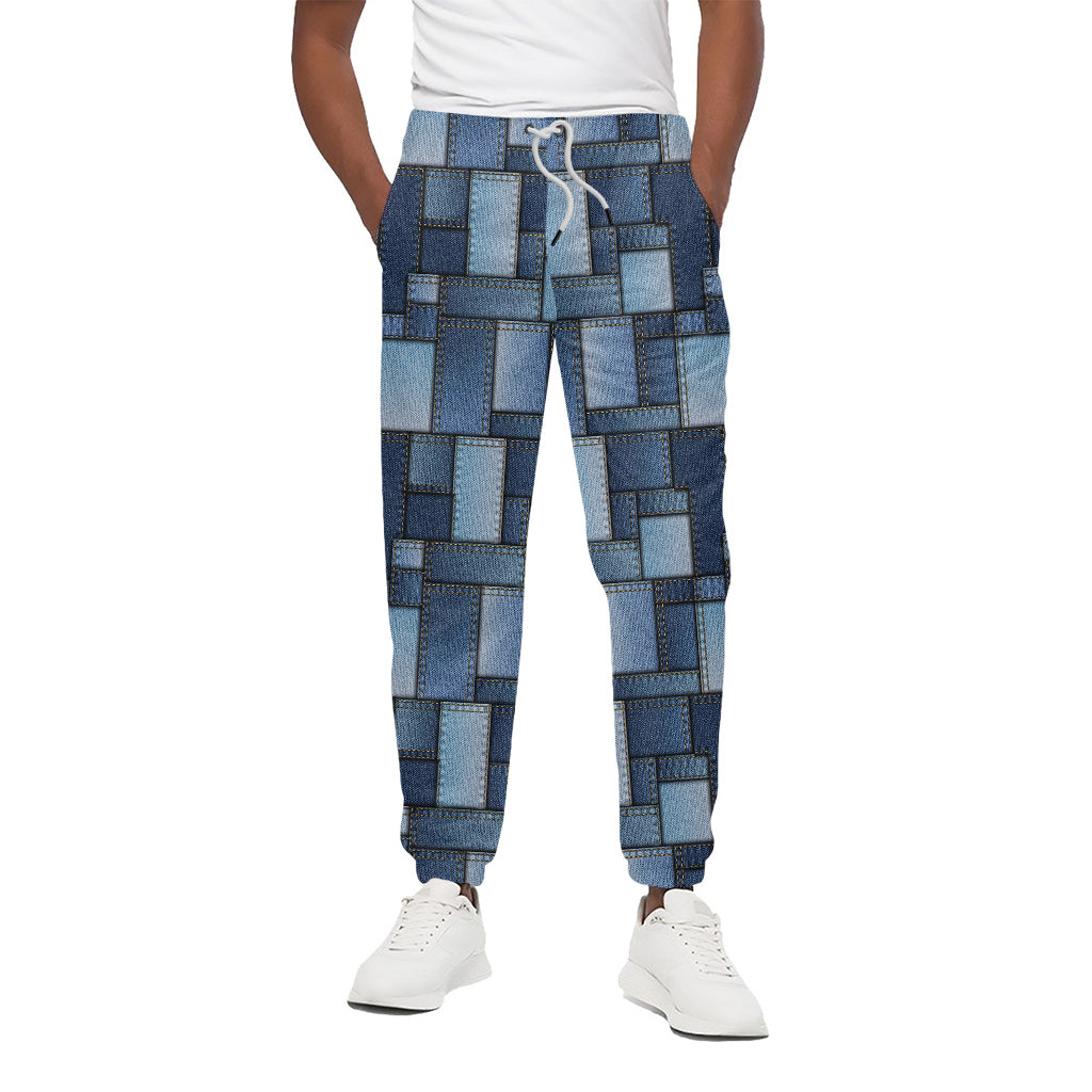 Blue Denim Patchwork Pattern Print Cotton Pants