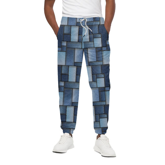 Blue Denim Patchwork Pattern Print Cotton Pants