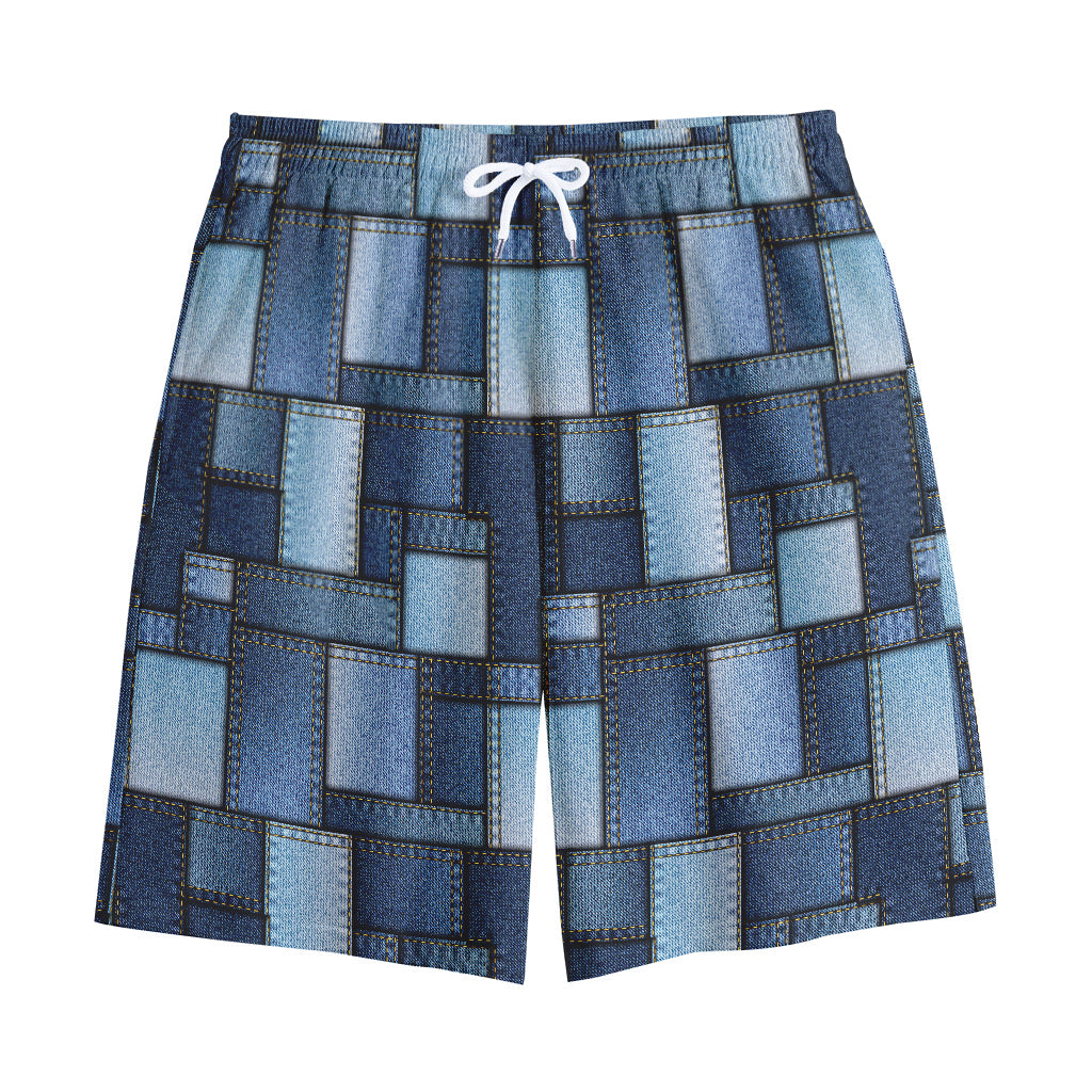 Blue Denim Patchwork Pattern Print Cotton Shorts