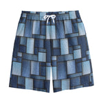 Blue Denim Patchwork Pattern Print Cotton Shorts