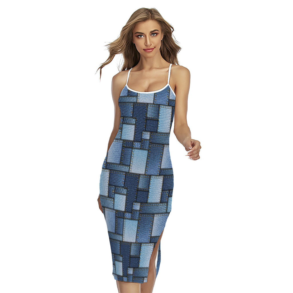 Blue Denim Patchwork Pattern Print Cross Back Cami Dress