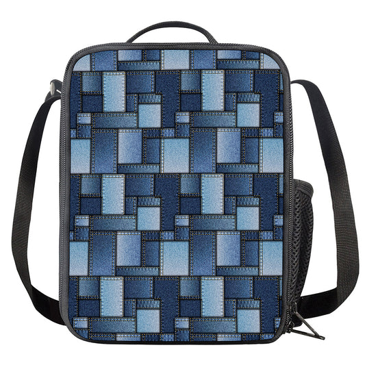 Blue Denim Patchwork Pattern Print Crossbody Lunch Bag
