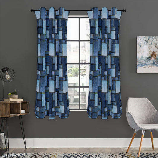 Blue Denim Patchwork Pattern Print Curtain