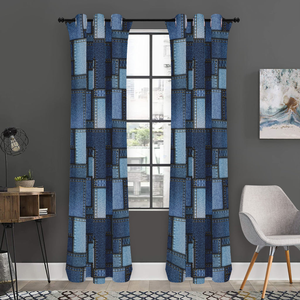 Blue Denim Patchwork Pattern Print Curtain