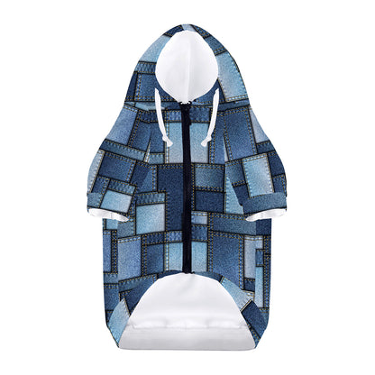 Blue Denim Patchwork Pattern Print Dog Zip Up Hoodie