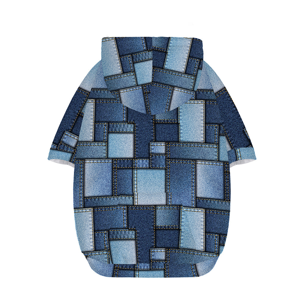 Blue Denim Patchwork Pattern Print Dog Zip Up Hoodie