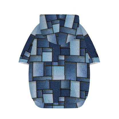 Blue Denim Patchwork Pattern Print Dog Zip Up Hoodie