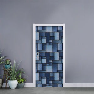 Blue Denim Patchwork Pattern Print Door Sticker