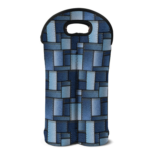 Blue Denim Patchwork Pattern Print Double Neoprene Wine Tote