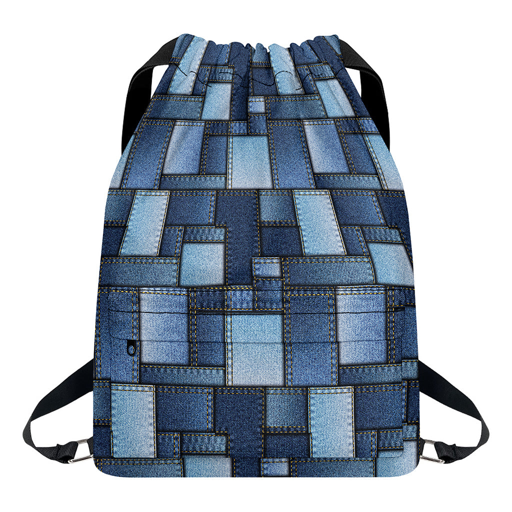 Blue Denim Patchwork Pattern Print Drawstring Backpack