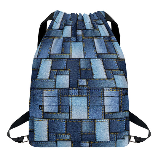 Blue Denim Patchwork Pattern Print Drawstring Backpack