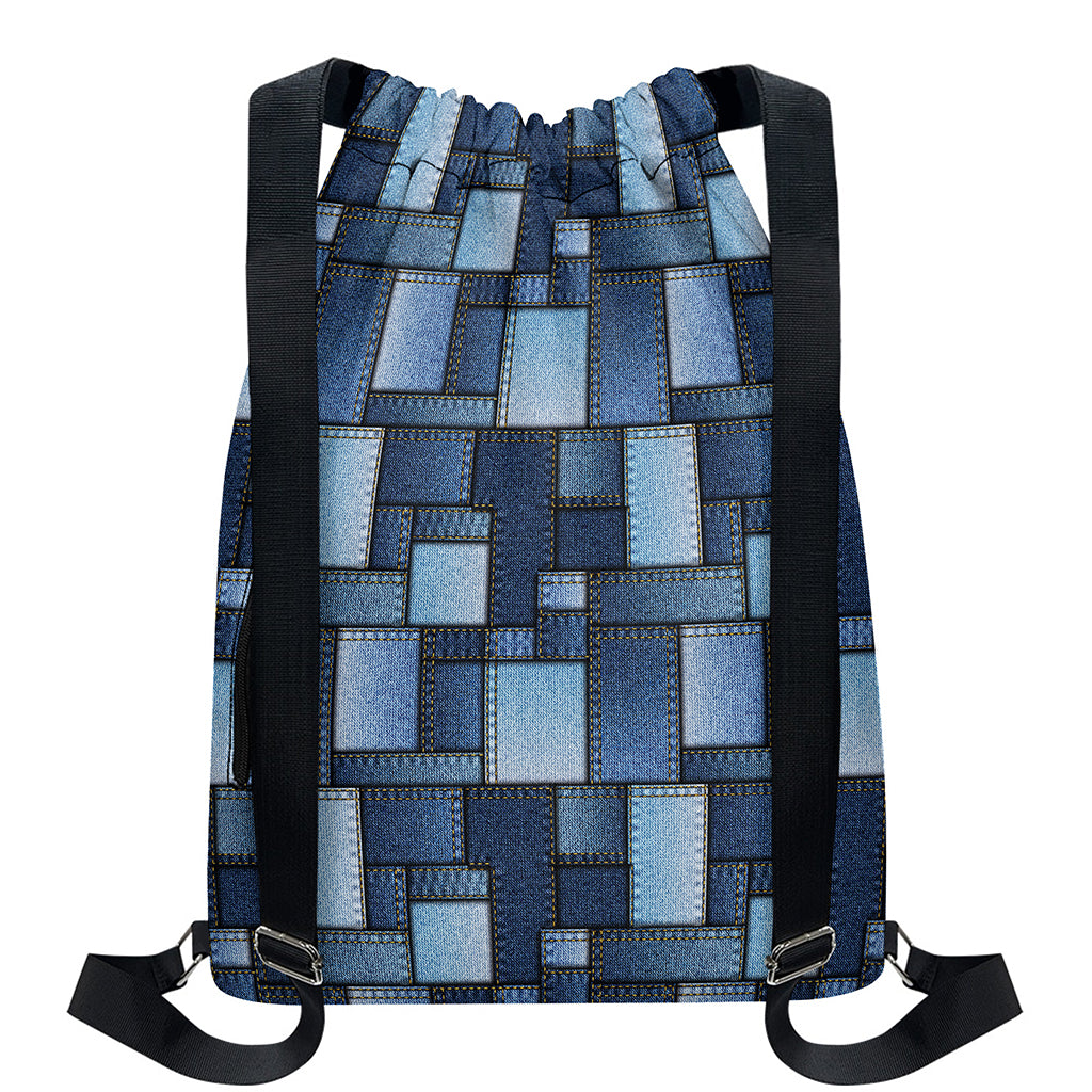 Blue Denim Patchwork Pattern Print Drawstring Backpack
