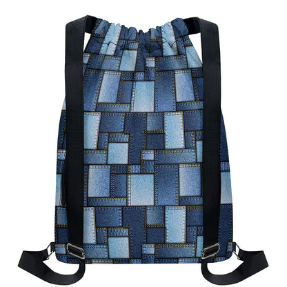 Blue Denim Patchwork Pattern Print Drawstring Backpack